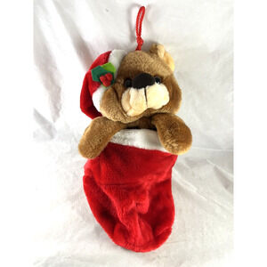 Plush Bear Christmas Stocking Reversible Pouch Smithy Brand Vintage 1990s